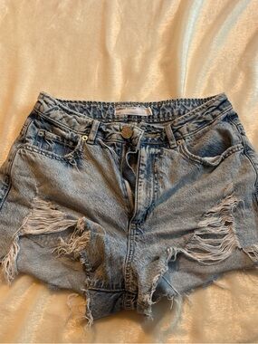 Garage Festival Denim Distressed High-Waist Shorts - Light Blue